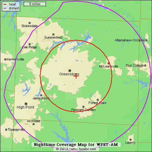 WPET Greensboro AM 950 / Nighttime Map